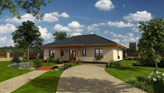 Einfamilienhaus mit L-förmigem Grundriss, Terrasse und Technikraum.